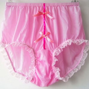 Panties for Sissy – Pink Lace Nylon Burlesque Briefs with Ribbon Trim – High-Waisted Handmade Lingerie Plus Size Pinup Underwear