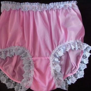 Panties for Sissy – Pink Sheer Nylon Briefs with Floral Lace Waist – High-Waisted Handmade Pinup Lingerie Plus Size for Men and Women
