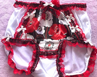 New Sissy White Nylon Red blossom Floral Pinup 1950s Style Panties briefs Satin Front Lace Handmade Underwear Men Women Lingerie Knickers