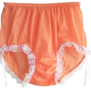 Panties for Sissy – Orange Sheer Nylon Briefs with White Lace Ribbon – High-Waisted Handmade Pinup Lingerie Plus Size for Men and Women