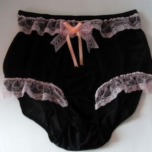 Panties for Sissy –Black Sheer Nylon Briefs with half Lace Floral Ribbon – High-Waisted Handmade Lingerie Plus Size for Men and Women