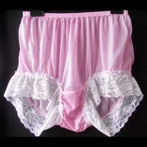Sissy Panties for Men – Fair Pink Nylon Briefs with White Floral Lace Trim | High Waist Feminine Lingerie | Handmade Plus Size Underwear