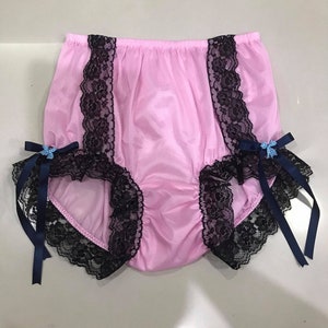 Panties for Sissy Pink nylon Briefs with Black Lace and Ribbon Trim High Waisted Frilly Style Handmade Lingerie Plus Size Men Crossdresser