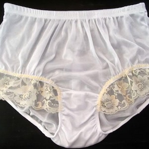Panties for Sissy – New White Sheer Nylon Briefs with half Floral Lace – High-Waisted Handmade Lingerie Plus Size for Men and Women
