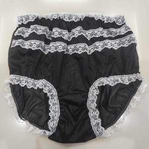 Panties for Sissy – New Black Sheer Nylon Briefs with Floral Lace Front – High-Waisted Handmade Lingerie Pinup Plus Size for Men and Women
