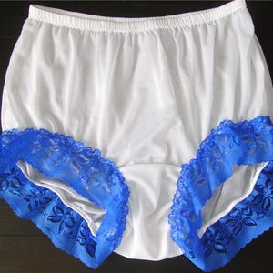 Panties for Sissy – New White Sheer Nylon Briefs with Blue Floral Lace – High-Waisted Handmade Lingerie Pinup Plus Size for Men and Women