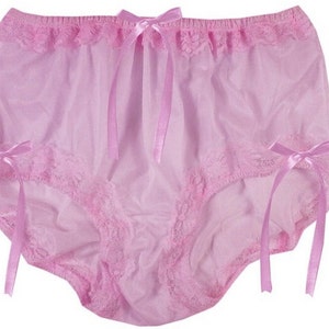 Panties for Men – Sissy High-Waisted Nylon Briefs with Waist Lace Trim & Ribbon | Vintage Pinup Handmade Lingerie | Plus Size Fair Pink