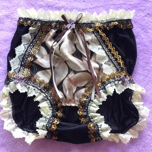 Panties for Men Sissy Floral Luxe Nylon Briefs with Cream & Gold Lace Trim High-Waisted Frilly Vintage Lingerie Handmade Plus Size Underwear