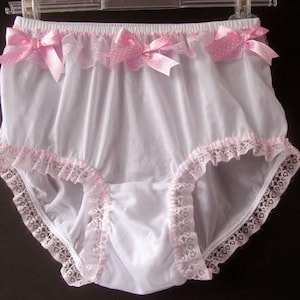 Panties for Sissy – White Sheer Nylon Briefs with Floral Lace Ribbon – High-Waisted Handmade Pinup Lingerie Plus Size for Men and Women