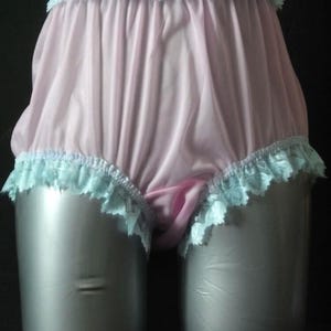 Panties for Sissy – Fair pink Sheer Nylon Briefs with Blue Lace Around Waist – High-Waisted Handmade Lingerie Plus Size for Men and Women