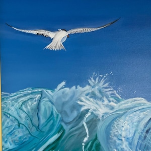 Original seascape oil painting on canvas, wave painting, seagull flying over ferocious ocean waves, coastal home wall art, beach house decor