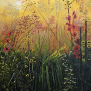 Print of original landscape oil painting on canvas of a misty morning in the meadow, flowers in the wild original wall art