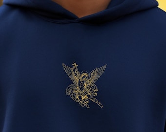 May include: Navy blue hoodie with a gold embroidered angel design on the chest. The hoodie features a drawstring hood and a front kangaroo pocket. The design is a detailed illustration of an angel with outstretched wings.
