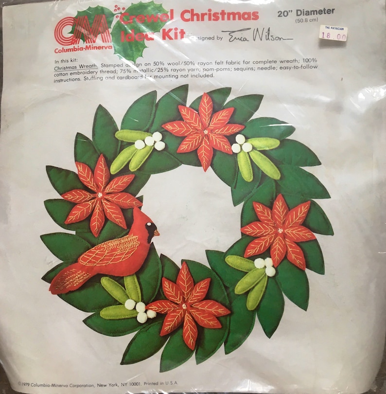 Vintage Columbia Minerva Erica Wilson Christmas Holiday Cardinal Poinsettia Wreath Crewel Embroidery Kit