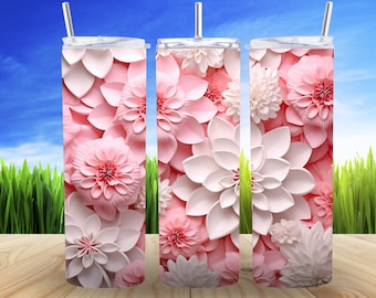 3D White Pink Flowers 20 oz Skinny Tumbler Sublimation Design Digital Download PNG 3D Pink White Floral Summer Skinny Tumbler Wrap PNG