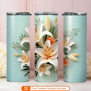 3D Easter Lilies flowers 20 oz Skinny Tumbler Sublimation Design Digital Download PNG 3D Lily Of The Valley Seamless Tumbler Wrap PNG