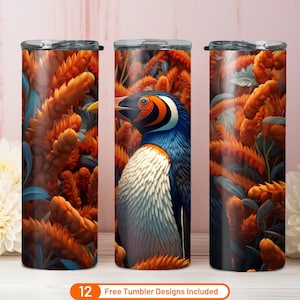3D Embroidered Penguin 20 oz Skinny Tumbler Sublimation Design Digital Download PNG 3D Colorful Floral Tumbler Penguins Christmas Warp Png