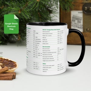 May include: A white ceramic mug with a black handle and a black rim. The mug has a white background with black text that lists Google Sheets keyboard shortcuts. The text includes the following categories: Add or Change Rows and Columns, Use Formulas, and Other.