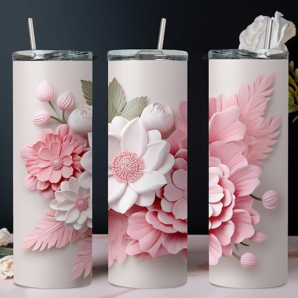 Fleurs roses blanches 3D 20 oz Skinny Tumbler Sublimation Design Téléchargement numérique PNG 3 Pink White Floral Seamless Skinny Tumbler Wrap PNG