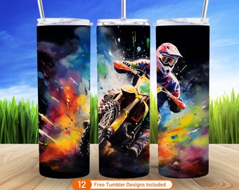 Alcohol inkt motorcross 20 oz mager tuimelaar sublimatie ontwerp digitale download PNG motorracen crossmotor neon regenboog tuimelaar wrap