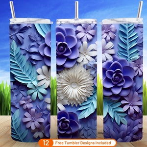 3D lila blau weiße Blumen 20 oz Skinny Tumbler Sublimation Design digitaler Download PNG 3 rosa Blumen Skinny Tumbler Wrap PNG
