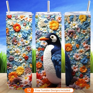3D Embroidered Floral Penguin 20 oz Skinny Tumbler Sublimation Design Digital Download PNG Colorful 3D Flowers Tumbler Penguins Christmas
