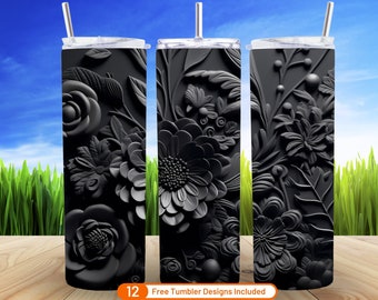 3D Black Flowers Clay Mold 20 oz Skinny Tumbler Sublimation Design Digital Download PNG 3D Embroidered Clay Mold Floral Tumbler Wrap PNG