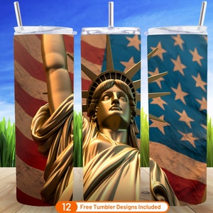 3D Statue of Liberty Tumbler Wrap American Flag 20 oz Skinny Tumbler Sublimation Design Digital Download PNG 3D Statue of Liberty Tumbler