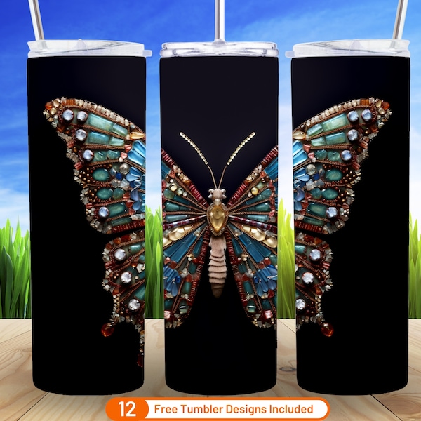 3D Gemstones Butterfly Tumbler Wrap Seamless Colorful Butterfly 20 oz Skinny Tumbler Sublimation Design Faceted Gemstones PNG