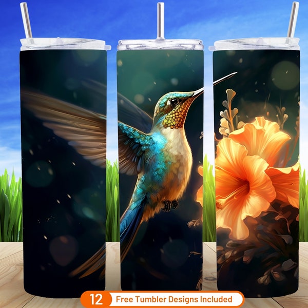3D Hummingbird Flowers 20 oz Skinny Tumbler Sublimation Design Digital Download PNG 3D Floral Colorful Hummingbird Tumbler Warp