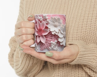 3D White Pink Flowers Mug Sublimation Design Digital Download PNG 3D White and Pink Floral 11 oz and 15 oz Mugs Warp PNG