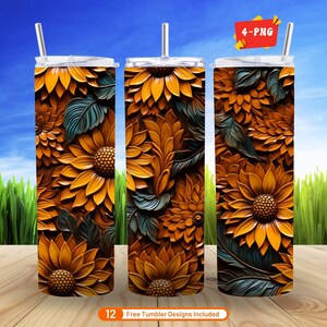 Sunflower 3D Tumbler Wrap, 20 oz Skinny Tumbler Sublimation Design, Tooled Leather PNG Bundle for DIY Crafts, Perfect Mother&#39;s Day Gift