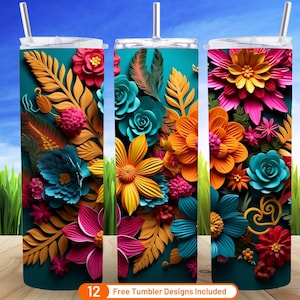 3D Boho Flowers Floral 20 oz Skinny Tumbler Sublimation Design Digital Download PNG 3D Boho Flowers Seamless Tumbler Wrap
