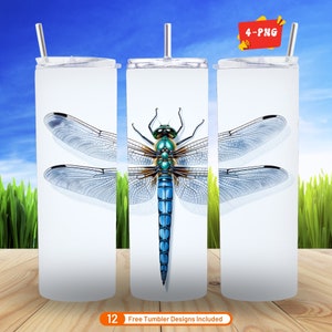 3D Dragonfly Tumbler Wrap, 4 Seamless 20 oz Skinny Tumbler Sublimation Design, Digital Download PNG Bundle for DIY Crafts For Nature Lovers