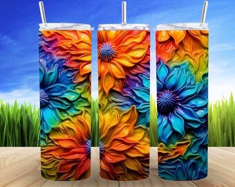 Alcohol Ink 3D Embroidery Sunflowers 20oz Skinny Tumbler Sublimation Design Digital Download PNG Neon Rainbow Floral Seamless Skinny Tumbler