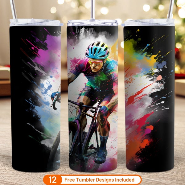 Alcohol Ink Cyclocross Skinny Tumbler Sublimation Design Digital Download PNG Cyclo-cross Bike Neon Rainbow Cyclocross Races  20oz Tumbler