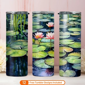 Watercolor Lily Pond 20 oz Skinny Tumbler Sublimation Design Digital Download PNG Cute Watercolor Lily Pad Tumbler Warp Png