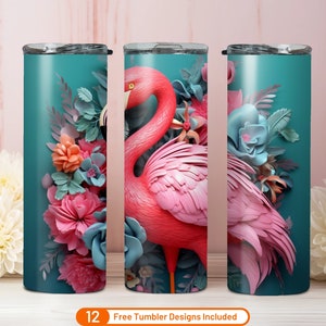 3D Pink Flamingo Flowers 20 oz Skinny Tumbler Sublimation Design Digital Download PNG 3D Pink Flamingo Flowers Tumbler Warp PNG