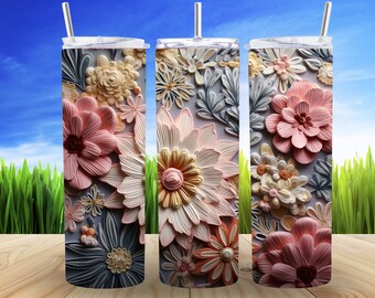3D Embroidered Flowers 20 oz Skinny Tumbler Sublimation Design Digital Download PNG 3D Embroidered Floral Skinny Tumbler Wrap PNG