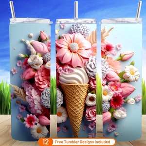 3D Summer Ice Cream 20 oz Skinny Tumbler Sublimation Design Téléchargement numérique PNG 3D Ice Cream Tumbler Warp Png 3D Art Design