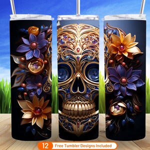 3D Gothic Skull Flowers 20 oz Skinny Tumbler Sublimation Design Digital Download PNG 3D Gold Floral Skull Spooky Halloween Tumbler Warp