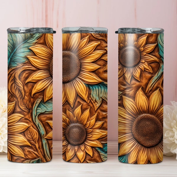 Rustic Tooled Leather Sunflowers 20 oz Skinny Tumbler Sublimation Design Digital Download PNG Sunflowers Skinny Tumbler Wrap Western Floral