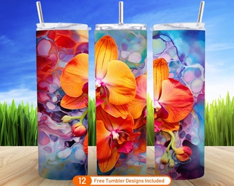 Alcohol Ink Orchid 20 oz Skinny Tumbler Sublimation Design Digital Download PNG Orchid Plant Neon Rainbow Colorful Floral Tumbler Warp Png