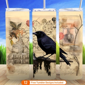 Black Raven Nostalgia Mail Art 20 oz Skinny Tumbler Sublimation Design Halloween Roses Digital Download PNG
