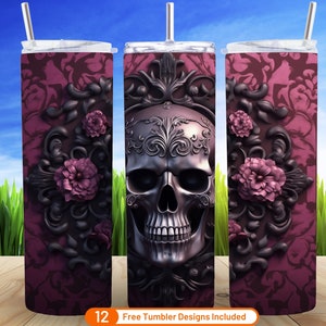 3D Gothic Skull Flowers 20 oz Skinny Tumbler Sublimation Design Digital Download PNG 3D Floral Skull Spooky Tumbler Warp Halloween Tumbler