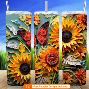 3D Quilled Sunflowers Butterfly 3D Tumbler Wrap 20 oz Skinny Tumbler Sublimation Design Digital Download PNG
