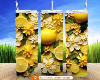 3D Citroenen Bloemen Zomer Naadloos Mager Tumbler Sublimatie Ontwerp Digitale Download PNG 3D Lemon Lime 20oz Tumbler Groen Geel Warp Png