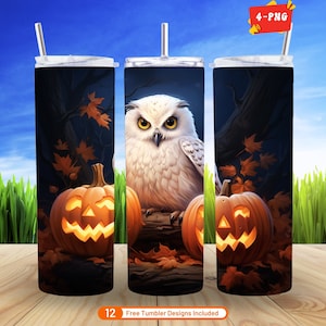 4 Lindo búho nevado Halloween 3D Tumbler Wrap 20 oz Flaco Vaso Diseño de sublimación Búho Otoño Descarga digital PNG Paquete