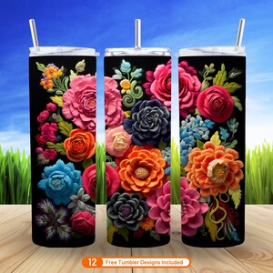 Mexican 3D Embroidery Flowers 3D Tumbler Wrap 20 oz Skinny Tumbler Sublimation Design Mexican 3D Art Digital Download PNG