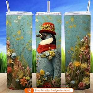 3D Embroidered Cute Penguin 20 oz Skinny Tumbler Sublimation Design Digital Download PNG 3D Colorful Floral Tumbler Penguins Christmas Warp
